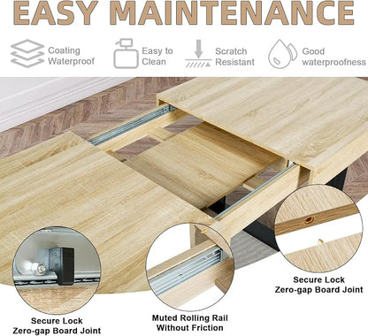 STHOUYN 63”-79” Extendable Dining Room Table Desk for 6 8 10, Modern Rustic Kitchen Expanding Table, Wooden Long Large Expandable Dining Room Conference Table for Kitchens (Natural Oak)