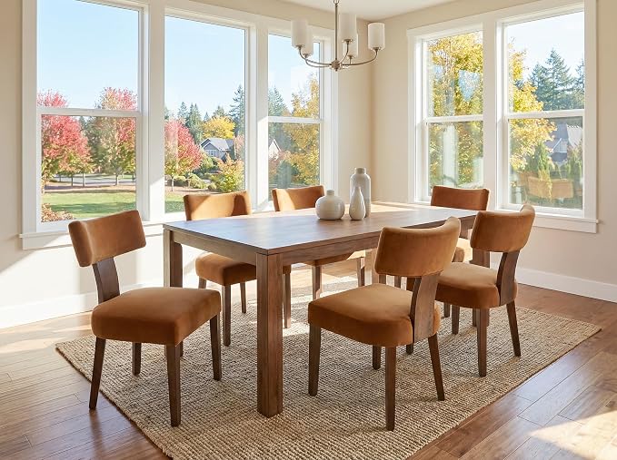 RIVOVA Set of 6 Modern Dining Chairs, Farmhouse Velvet Upholstered Dining Room Chairs Kitchen Chairs Side Armless Chairs with Curved Backrest Wood Legs, Yellow Brown