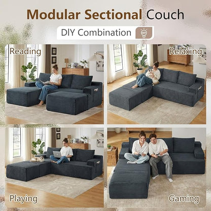 96" Cloud Sectional Couch U-Shaped Chaise with Ottoman, Corduroy Boneless Couch for Living Room Bedroom, Deep-Seat Upholstered Modular Cloud Sofa, No Assembly Required (Grey, Left Facing Chaise)