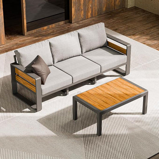 ZANDOR Aluminum Outdoor Patio Furniture-3-Seat with Table,Dark Gray | Rustproof,High weight capacity,Water-repellent,Washable Cover,All-Weather Resistant,Easy clean,for Poolside Backyard Deck