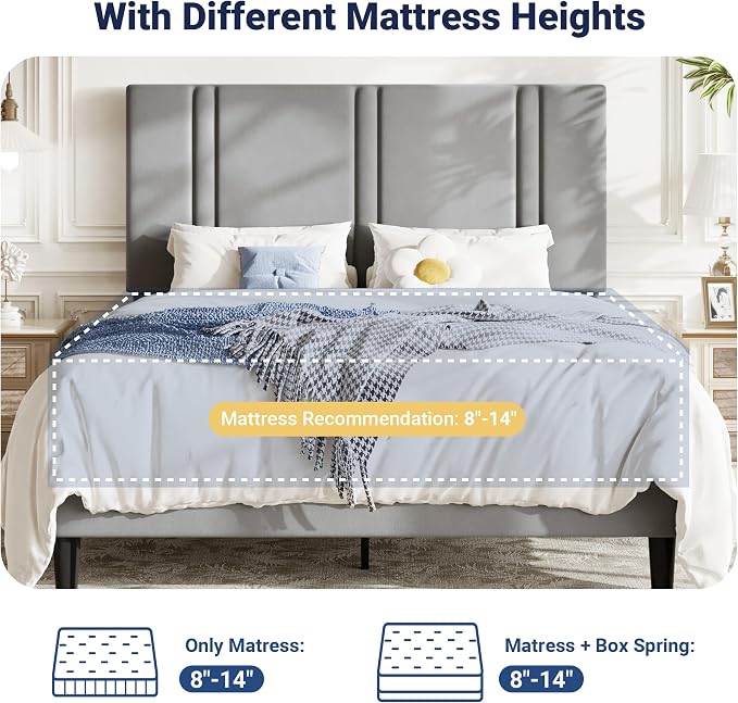 Allewie Full Size Platform Bed Frame with Adjustable Headboard, Plush Velvet Upholstered, Vertical Channel Tufted, Sturdy Wooden Slats, No Box Spring Needed, Easy Assembly, Grey