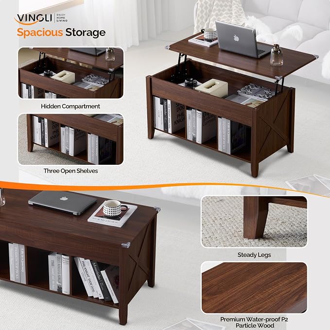 VINGLI Farmhouse Lift Top Coffee Table,38" Living Room Table,Rustic Brown