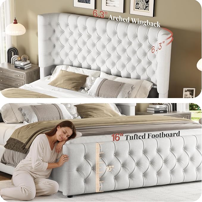 Jocisland Queen Size Upholstered Bed Frame with 6.3-Inch Curved Wingback Headboard, Tufted Footboard, Wood Slats, No Box Spring Needed, White Linen