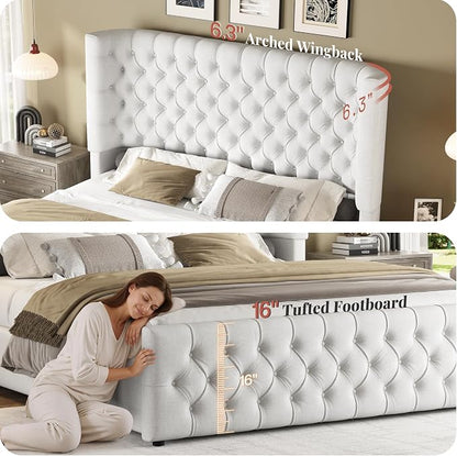 Jocisland Queen Size Upholstered Bed Frame with 6.3-Inch Curved Wingback Headboard, Tufted Footboard, Wood Slats, No Box Spring Needed, White Linen