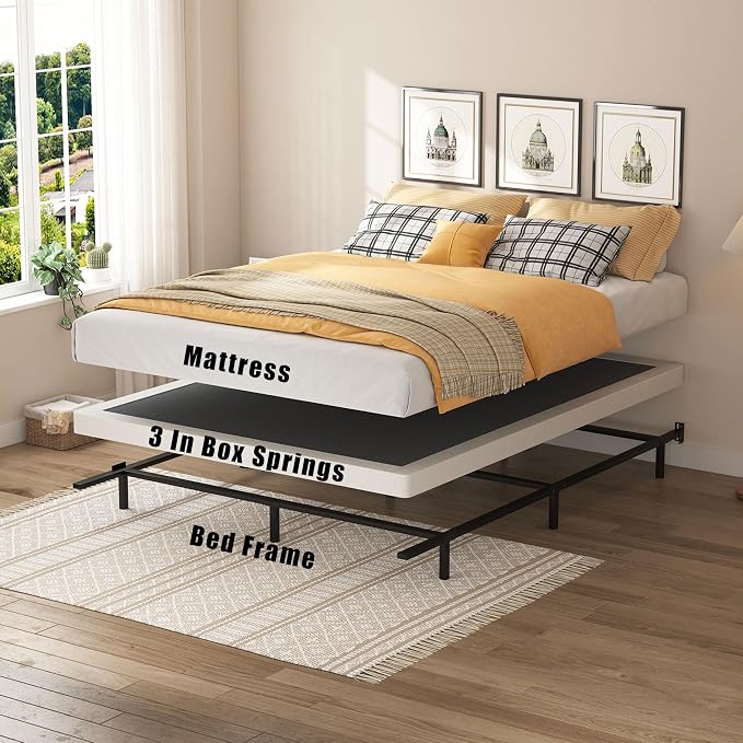 SHOANED Full Size Box Springs - 3 Inch Low Profile Mattress Foundation No Noise Heavy Duty Metal Basics Bed Base with Clean Fabric Cover, Easy Assembly