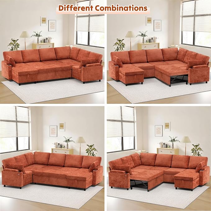 110" Chenille Sectional Sofa w/Pull Out Bed &Storage Chaise, Orange | Reversible U Shape Sofa w/Storage Armrests & Cup Holders, Corner Couch w/USB Charging Port & Throw Pillows for Living Room