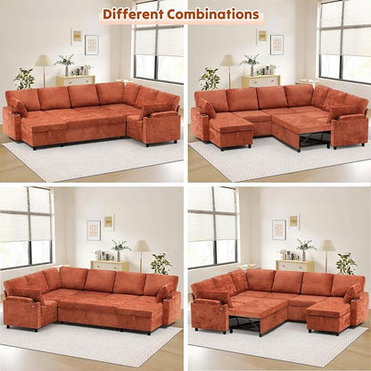 110" Chenille Sectional Sofa w/Pull Out Bed &Storage Chaise, Orange | Reversible U Shape Sofa w/Storage Armrests & Cup Holders, Corner Couch w/USB Charging Port & Throw Pillows for Living Room
