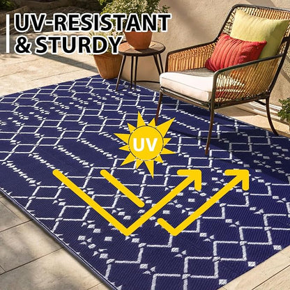 Smiry Outdoor Rug 5x8 ft, Waterproof Reversible Plastic Straw Rugs, Boho Outdoor Area Rug, Outside Floor Mat for Patio, Backyard, Deck, Picnic, Beach, Camping, Navy