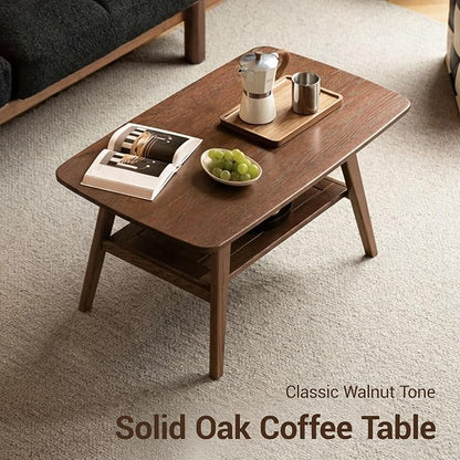 100% Solid Wood Coffee Table for Living Room, 31.5" Small Tables with Shelf Storage, Mid Century Modern Storage Coffee Table with Rounded Corners (Oak Wood Walnut Color)