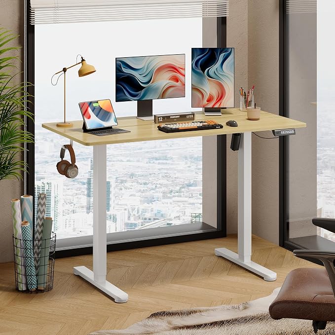 DEVAISE 48 Inch Electric Standing Desk, 3 Adjustable Computer Desk for Home Office, Ergonomic Sit to Stand Desk with LED Touchscreen, Headphone Hook, 3 Memory Preset, with Split Top, Maple