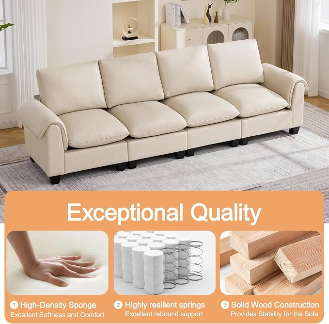 118" Faux Leather Modular Sectional Upholstered Sofa, Oversized 4 Seater Couch with Curved Armrests, Cloud Modern Upholstered Deep Seat Sofa for Living Room, Beige