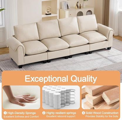 118" Faux Leather Modular Sectional Upholstered Sofa, Oversized 4 Seater Couch with Curved Armrests, Cloud Modern Upholstered Deep Seat Sofa for Living Room, Beige