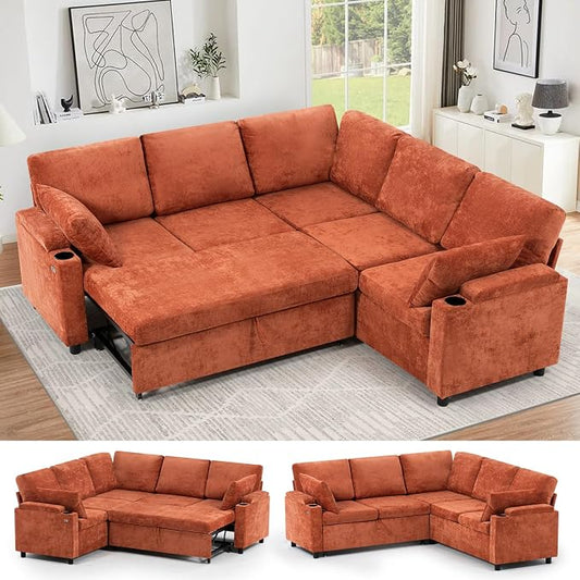 85" Chenille Sectional Sofa w/Pull Out Bed & Storage Space, Orange | Upholstery L Shaped Couch w/Cup Holders, Modern Corner Sofa w/USB Charging Port & Throw Pillow for Living Room