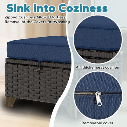 8 Pieces Patio Conversation Furniture Set - 1 Sofa, 2 Ottomans, 2 Armchairs, 2 Swivel Chairs, 1 Side Table, Outdoor Wicker Furniture with Removable Cushions for Porch, Sunroom (Blue)