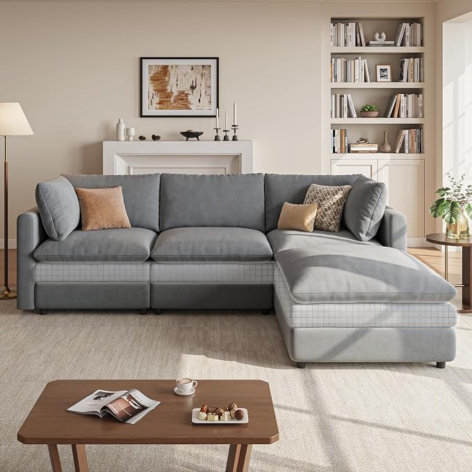 97" Cloud Couches for Living Room, 29.1" Deep Seat Modular Sectional Sofa, L Shaped Cloud Sofa with One Movable Ottoman
