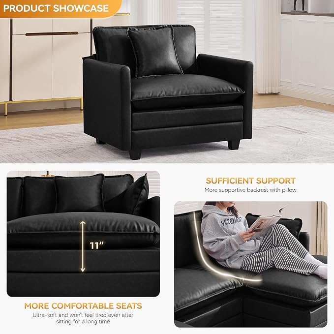 WUTUTUEE 41'' Modern Leather Oversized Chair, Upholstered Accent Living Room Chair with Extra Thicked Deep Seat, Single Lounge Chair for Bedroom, Small Apartment, Leather Black