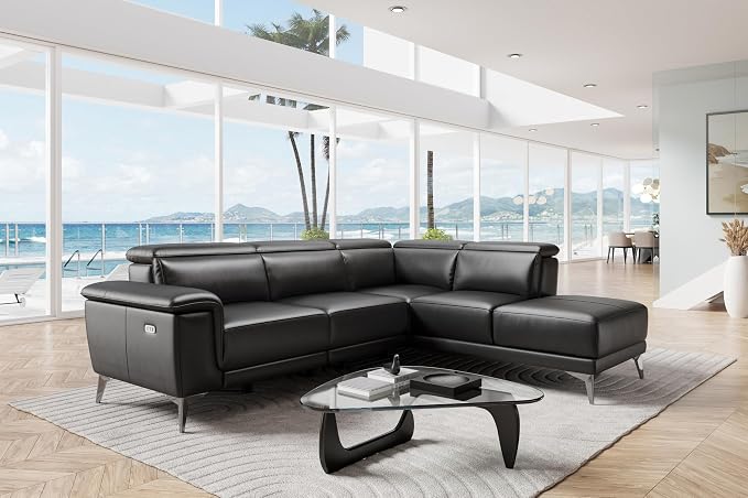 Valencia Pista Leather Reclining Sectional Sofa with Right Hand Chaise - Italian Nappa 11000 Top Grain Leather Couch - Power Reclining Seat with Leggett Adjustable Headrests - Black