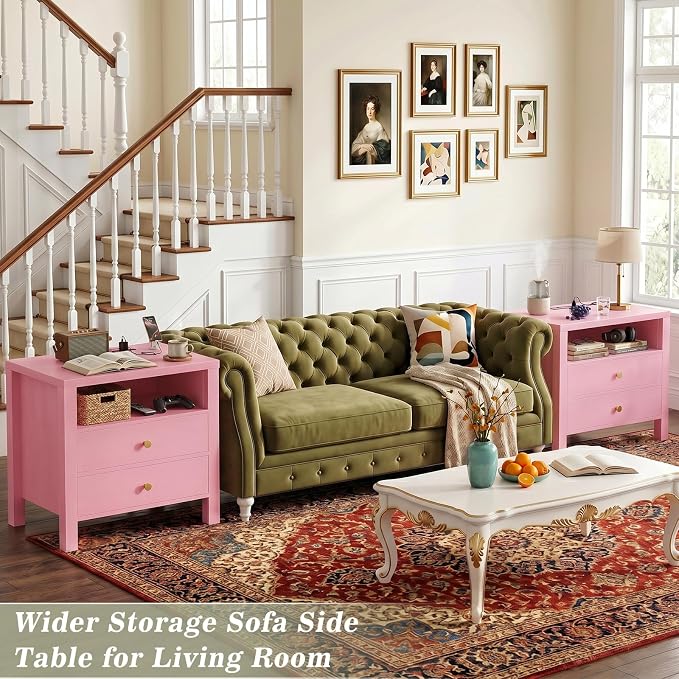 Aheaplus Nightstand with Charging Station, 23.6'' Large Bed Side Table with Wooden 2 Drawers, Night Stand for Bedroom, End Table with Open Storage Shelf for Living Room, Set of 2, Pink