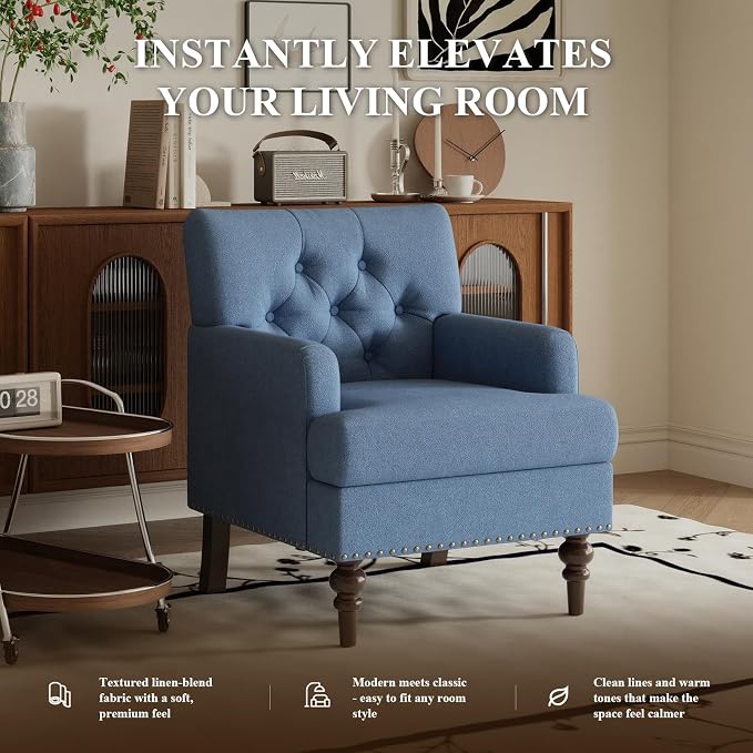MALOL Upholstered Accent Chair Set of 2, Comfy Reading Chair for Living Room, Mid Century Modern Armchair with Thick Cushion & Solid Rubberwood Legs, for Bedroom/Small Spaces, Blue