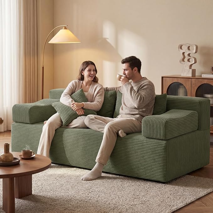 MONVANE 3-Piece Boneless Loveseat Couch Set for Living Room, Oversized Modular Sectional Sofa Set with Removable Armrests, Comfy Corduroy Cloud Couch with 12 Pillows, No Assembly Required, Green