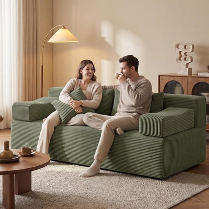 MONVANE 3-Piece Boneless Loveseat Couch Set for Living Room, Oversized Modular Sectional Sofa Set with Removable Armrests, Comfy Corduroy Cloud Couch with 12 Pillows, No Assembly Required, Green