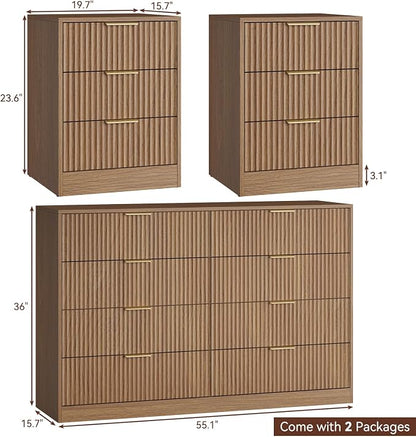 8 Drawer Dresser & 3 Drawer Nightstand Set 3-Piece, Tall Fluted Dresser and Night Stand Set of 2 w/Metal Handle, Modern Wood Chest of Drawers Storage Dressers Set for Bedroom, Natural Wood