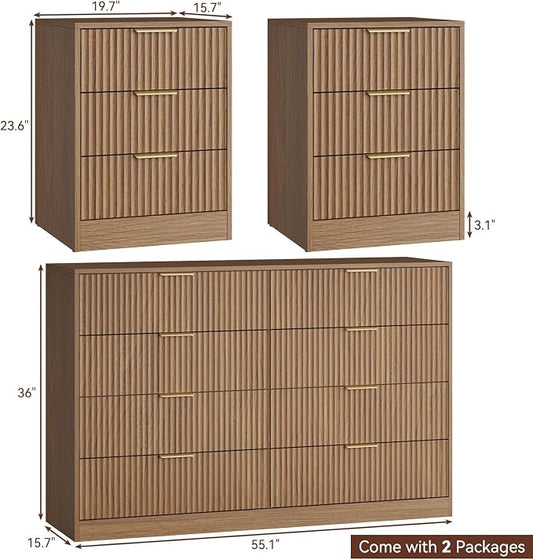 8 Drawer Dresser & 3 Drawer Nightstand Set 3-Piece, Tall Fluted Dresser and Night Stand Set of 2 w/Metal Handle, Modern Wood Chest of Drawers Storage Dressers Set for Bedroom, Natural Wood