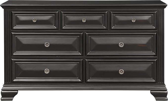 Roundhill Furniture Renova Vintage Black Wood Bedroom Set, Queen Panel Bed, Dresser, Mirror, Two Nightstands