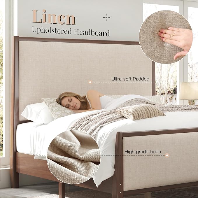 Jocisland 58" Tall Solid Wood Queen Bed Frame with Upholstered Headboard & Footboard, Wooden Platform Bedframe, No Box Spring Needed, Easy Assembly, Modern Farmhouse Style, Dark Walnut