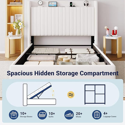 Allewie Full Size Lift Up Storage Bed Frame,Storage Shelf Headboard with Charging Station,Type-C and USB Ports,Hydraulic Support,Velvet Upholstered Bed Frame,No Box Spring Needed,White