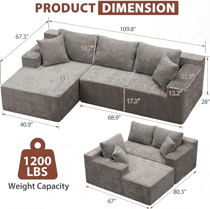 Homall 110" Boneless Sectional Couch, Modular Sectional Sofa L-Shape Couch with Deep Seat, Cloud Comfy Boneless Couch for Living Room, No Assembly Required (Chenille, Grey)