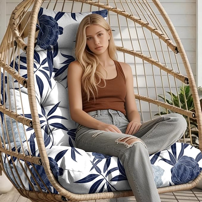 Outdoor Hanging Egg Chair Cushion Replacement, Extra Large Waterproof Egg Swing Cushions with Headrest Pillow and Ties, U-Shaped Thickened Cushion for Hanging Eggs Chair (Blue Enchantress)