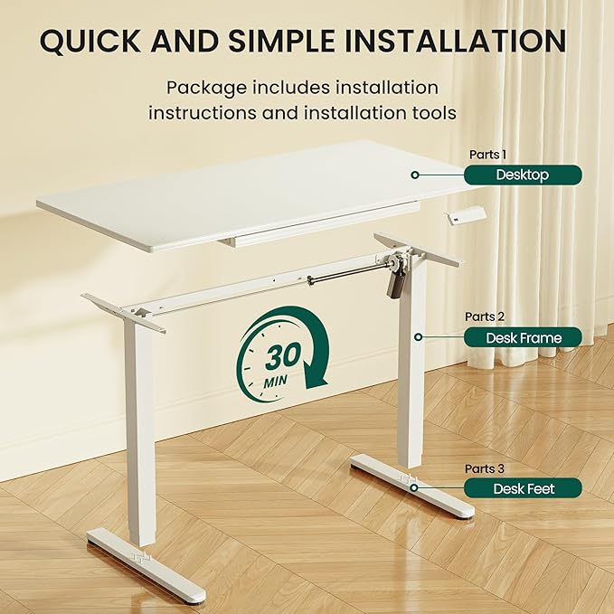 CubiCubi 48x24 Standing Desk with Glass Top, Height Adjustable Computer Desk with Drawer, One-piece Rising Home Office Desks with Positon Memory, Sit Stand Up Electric Workstation Table, White