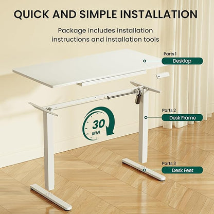 CubiCubi 48x24 Standing Desk with Glass Top, Height Adjustable Computer Desk with Drawer, One-piece Rising Home Office Desks with Positon Memory, Sit Stand Up Electric Workstation Table, White