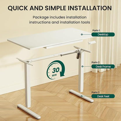 CubiCubi 55x24 Standing Desk with Glass Top, Height Adjustable Computer Desk with Drawer, One-piece Rising Home Office Desks with Positon Memory, Sit Stand Up Electric Workstation Table, White