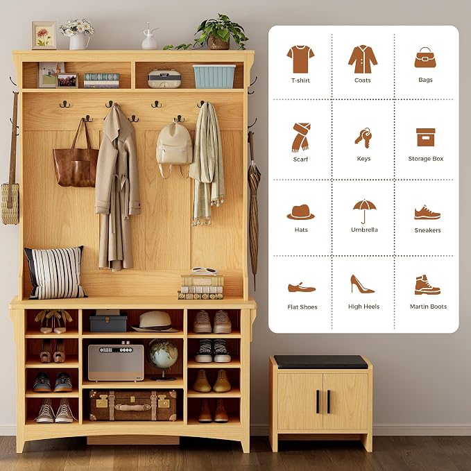 IRONCK 80" H 47" W Large Hall Tree with Bench and Shoe Storage, 6-in-1 Entryway Bench with Coat Rack, Adjustable Shelf, Hanging Hooks, 11 Shoe Cubbies, 2-Tier Top Storage for Entryway and Bedroom, Oak