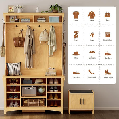 IRONCK 80" H 47" W Large Hall Tree with Bench and Shoe Storage, 6-in-1 Entryway Bench with Coat Rack, Adjustable Shelf, Hanging Hooks, 11 Shoe Cubbies, 2-Tier Top Storage for Entryway and Bedroom, Oak