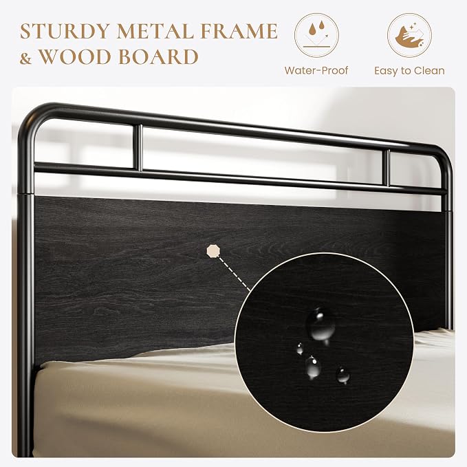 SHA CERLIN Full Size Bed Frame with Vintage Industrial Wood Headboard, Heavy Duty Metal Platform with 12" Under-Bed Storage, Mattress Foundation, No Box Spring Needed, Noise-Free, Easy Assembly, Black