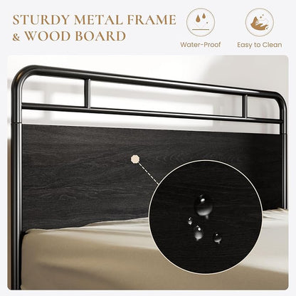 SHA CERLIN Queen Size Bed Frame with Vintage Industrial Wood Headboard, Heavy Duty Metal Platform, 12 Inch Under Bed Storage, Noise-Free, No Box Spring Needed, Easy Assembly, Black