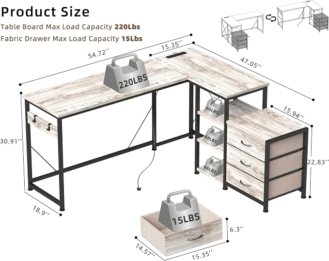 YOSHOOT 55" L Shaped Computer Desk with 3 Fabric Drawers, Gaming Desk | Office Desk with Power Outlets & Open Shelves, Corner Desk L Shape for Home Office Work Study, Grey