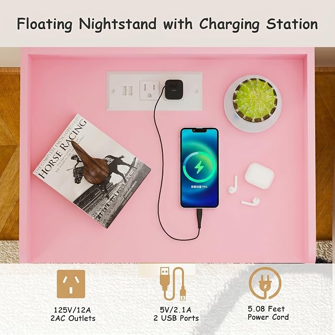 Arbuxzuy Floating Nightstand Set of 2 with Charging Station, Modern Wall Mounted Bedside Table with Drawer & Open Shelf