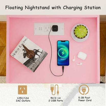 Arbuxzuy Floating Nightstand Set of 2 with Charging Station, Modern Wall Mounted Bedside Table with Drawer & Open Shelf