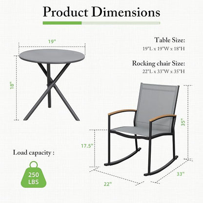 Shintenchi 3 Pieces Patio Rocking Bistro Sets,Outdoor Textilene Fabric Conversation Bistro Set,Front Porch Rocker Chairs Small Patio Furniture Set with Table for Lawn,Garden,Balcony(Light Gray)