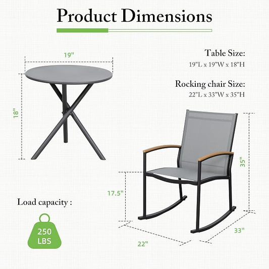 Shintenchi 3 Pieces Patio Rocking Bistro Sets,Outdoor Textilene Fabric Conversation Bistro Set,Front Porch Rocker Chairs Small Patio Furniture Set with Table for Lawn,Garden,Balcony(Light Gray)