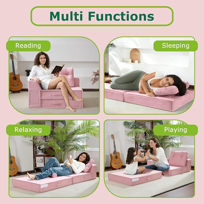 Folding Sofa Bed, 4 in 1 Convertible Sleeper Chair with Pillow, Standard Memory Foam Fold Out Chair Bed, Modern Floor Futon Sofa Couch Mattress for Living Room/Guest/Apartment, Pink