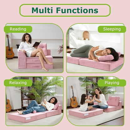 Folding Sofa Bed, 4 in 1 Convertible Sleeper Chair with Pillow, Standard Memory Foam Fold Out Chair Bed, Modern Floor Futon Sofa Couch Mattress for Living Room/Guest/Apartment, Pink