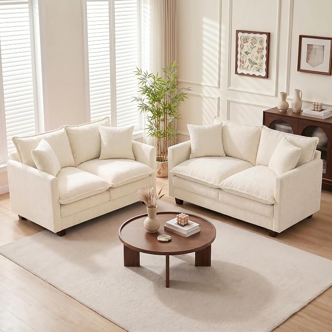 Loveseat Sofa Couch 2 Piece Set, Small Compact 50" Love Seat 27" Deep Cloud Sofa Set Washable Chenille Pillow Living Room Set for Apartment Office 8833-BEIGE-2+2