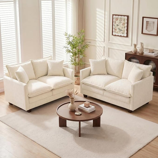 Loveseat Sofa Couch 2 Piece Set, Small Compact 50" Love Seat 27" Deep Cloud Sofa Set Washable Chenille Pillow Living Room Set for Apartment Office 8833-BEIGE-2+2