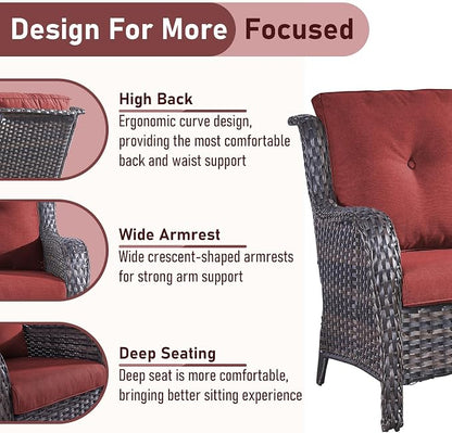 Outdoor Loveseat Sofa-2 Seater Rattan Wicker Patio Couch High Back Patio Sofa for Porch Deck Backyard-Brown/Red