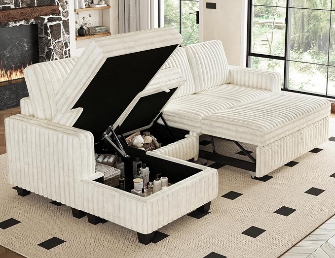 Belffin Modular Sectional Sofa with Storage Chaise Corduroy Sleeper Sofa with Pull Out Bed L Shaped Couch for Living Room. Apartment Couch. Beige
